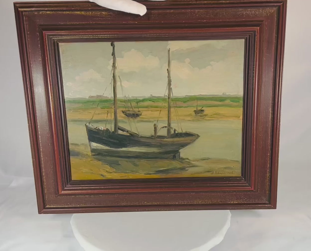 Signed oil on board painting titled “Bateaux – Boat” by Jules Ribeaucort (1866–?), France, early 20th Century CE. Impressionistic maritime scene depicting boats and harbor, with fluid brushwork, rich color palette, and dynamic light. Frame likely period-appropriate. Reflects French impressionist influence and romantic maritime tradition.