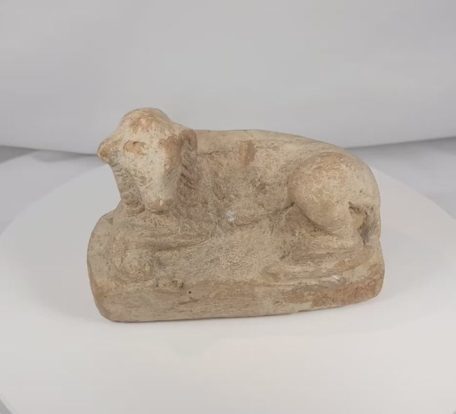 Rotating view of an ancient Egyptian terracotta reclining lion from Alexandria, dating to the Ptolemaic Period, circa 3rd–2nd century BCE