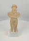 360-degree view of a Pre-Columbian Colima terracotta female figure with folded arms, circular headdress, and prominent ear ornaments, West Mexico, circa 300 BCE–300 CE.