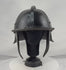 360-degree video of an authentic mid-17th century German or Dutch forged iron military helmet showcasing the fluted skull, adjustable nasal bar, articulated neck guard, ring finial, and original black painted finish.