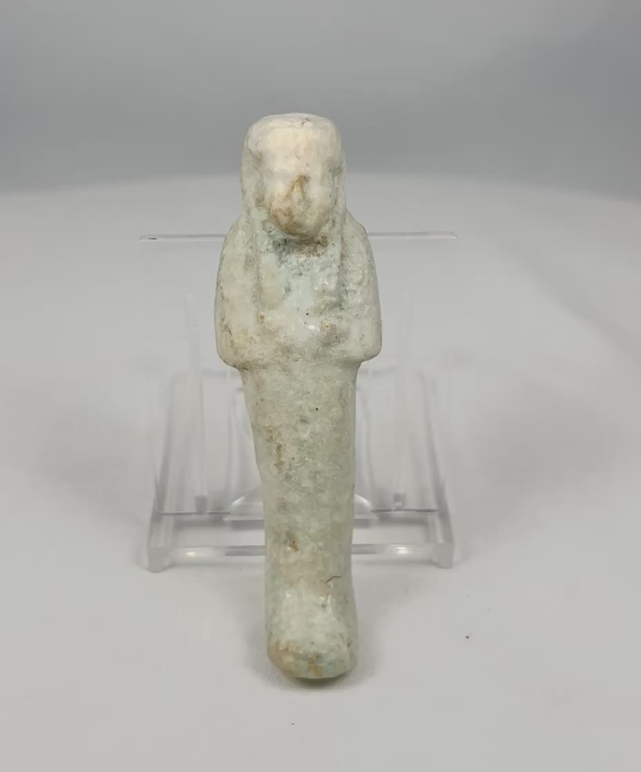 Rotating view of an authentic Late Period Egyptian faience ushabti, showing mummiform stance, crossed arms, aged glaze remnants, and mineral burial deposits.