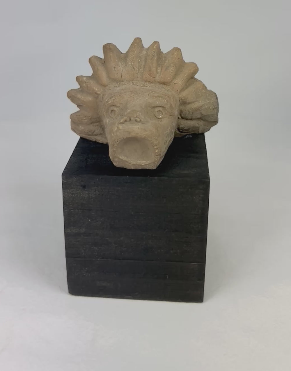 360-degree video of a Pre-Columbian Mesoamerican carved stone animal head fragment, highlighting open-mouthed expression, radiating crest, and aged stone surface