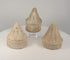 Three ancient Eastern Indian Buddhist terracotta votive stupas rotating to display their distinct moulded forms, ribbed spires, and aged surfaces