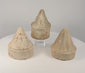 Three ancient Eastern Indian Buddhist terracotta votive stupas rotating to display their distinct moulded forms, ribbed spires, and aged surfaces