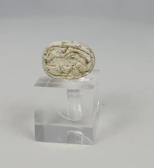 Rotating video of an authentic Ancient Egyptian New Kingdom carved steatite scarab amulet.