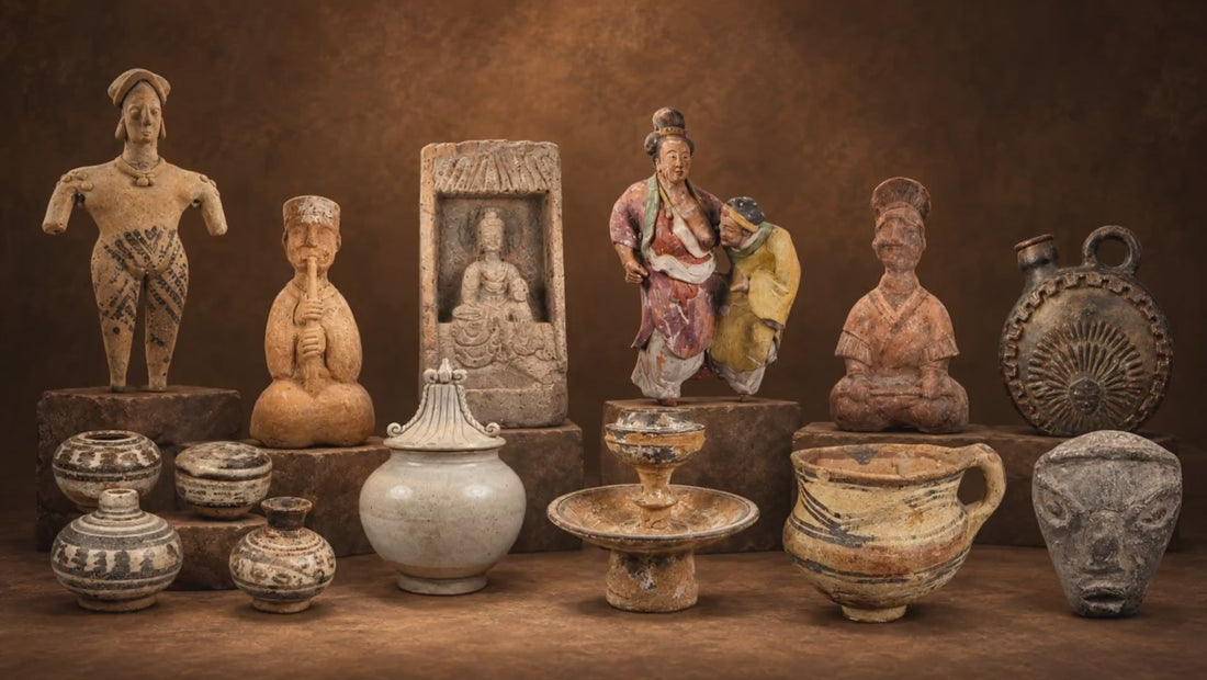 Ancient ceramics and pottery collection featuring terracotta figures, ritual vessels, painted pottery and ceramic artifacts from cultures around the world.
