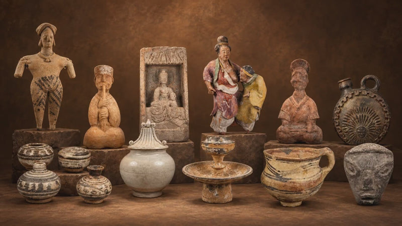 Ancient ceramics and pottery collection featuring terracotta figures, ritual vessels, painted pottery and ceramic artifacts from cultures around the world.