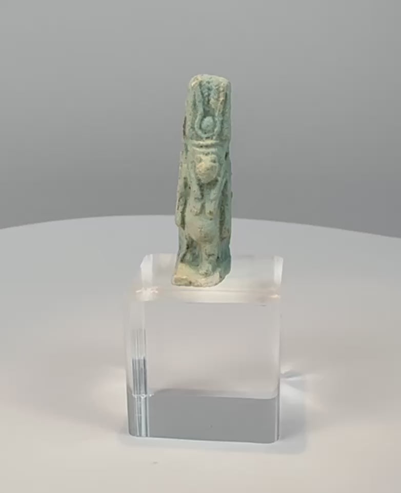 Video showing multiple views and blue-green glaze details of an ancient Egyptian faience Taweret amulet dating to circa 664–332 BCE