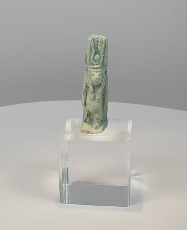 Video showing multiple views and blue-green glaze details of an ancient Egyptian faience Taweret amulet dating to circa 664–332 BCE