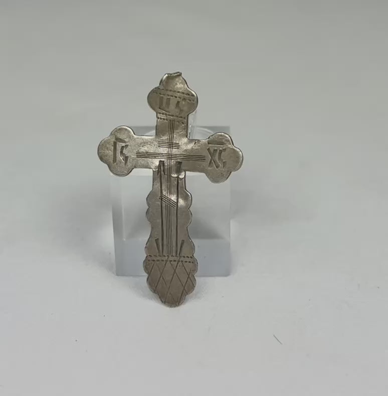 360-degree rotating view of a late 19th century Russian Orthodox 84 silver cross, showing engraved Crucifix, IC XC inscriptions, Golgotha base, and reverse hallmark.