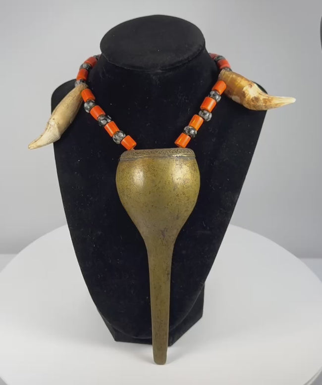 Video showing an antique Konyak Naga warrior necklace with brass pendant, glass trade beads and paired animal teeth