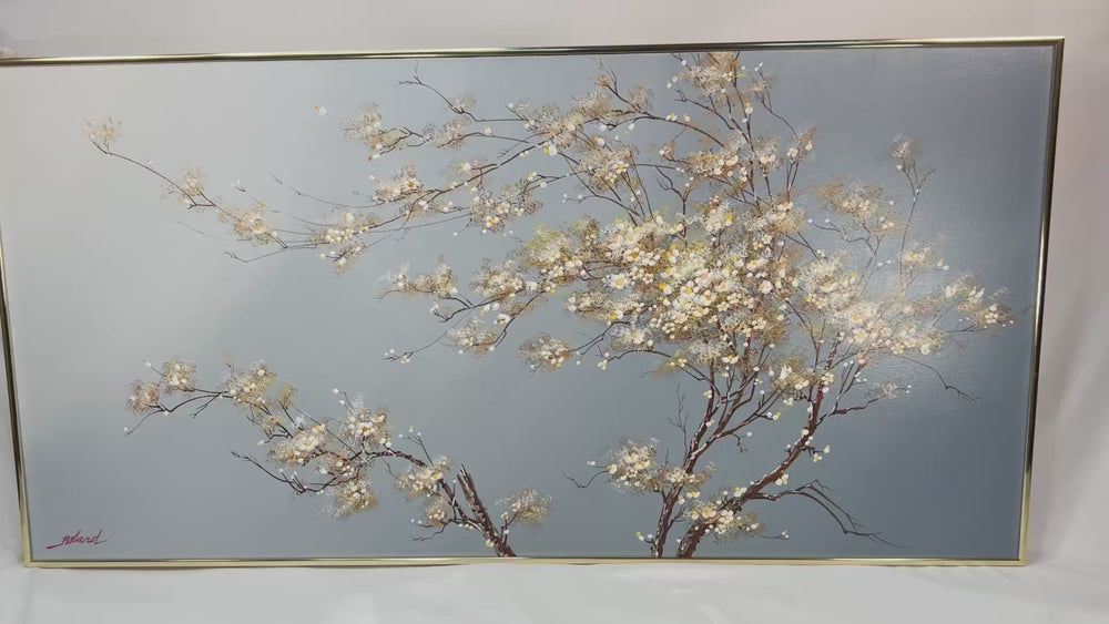 Original oil painting on canvas by Roland Patros, depicting a blossoming tree with delicate white and yellow flowers on twisting branches against a soft gradient blue background, mid–late 20th century.