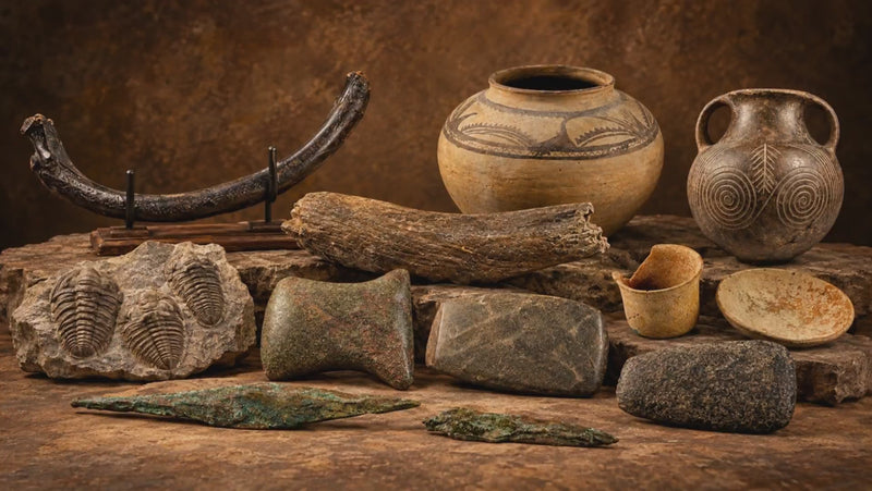 Prehistoric artifacts including fossils, ancient pottery, stone tools and early archaeological objects from the Relic & Rarity collection.