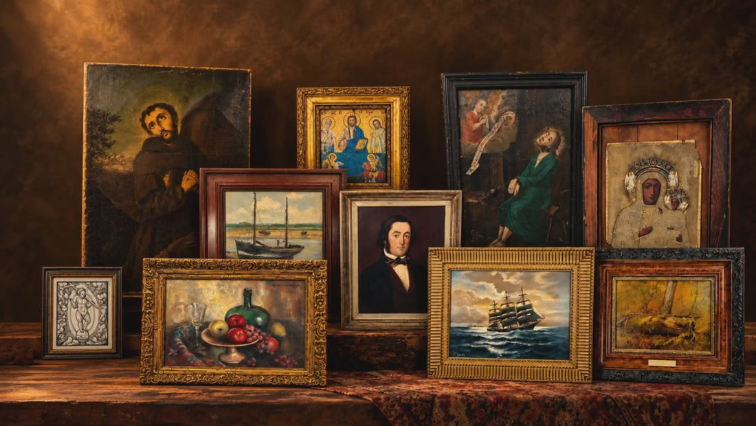 Historic framed art collection featuring antique oil paintings, religious icons, portraits, maritime scenes and Renaissance works from the Relic & Rarity collection.