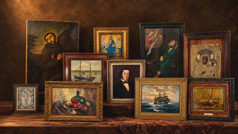 Historic framed art collection featuring antique oil paintings, religious icons, portraits, maritime scenes and Renaissance works from the Relic & Rarity collection.