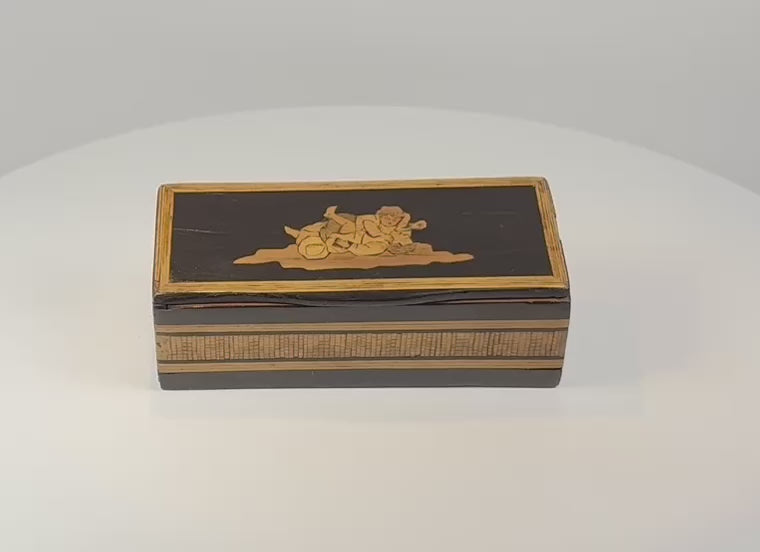Video showing the Anglo-Indian marquetry trinket box from multiple angles, including the figural lid inlay and geometric wood mosaic sides