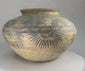 Full view of an Otomí-style painted terracotta water jar with floral and geometric decoration.