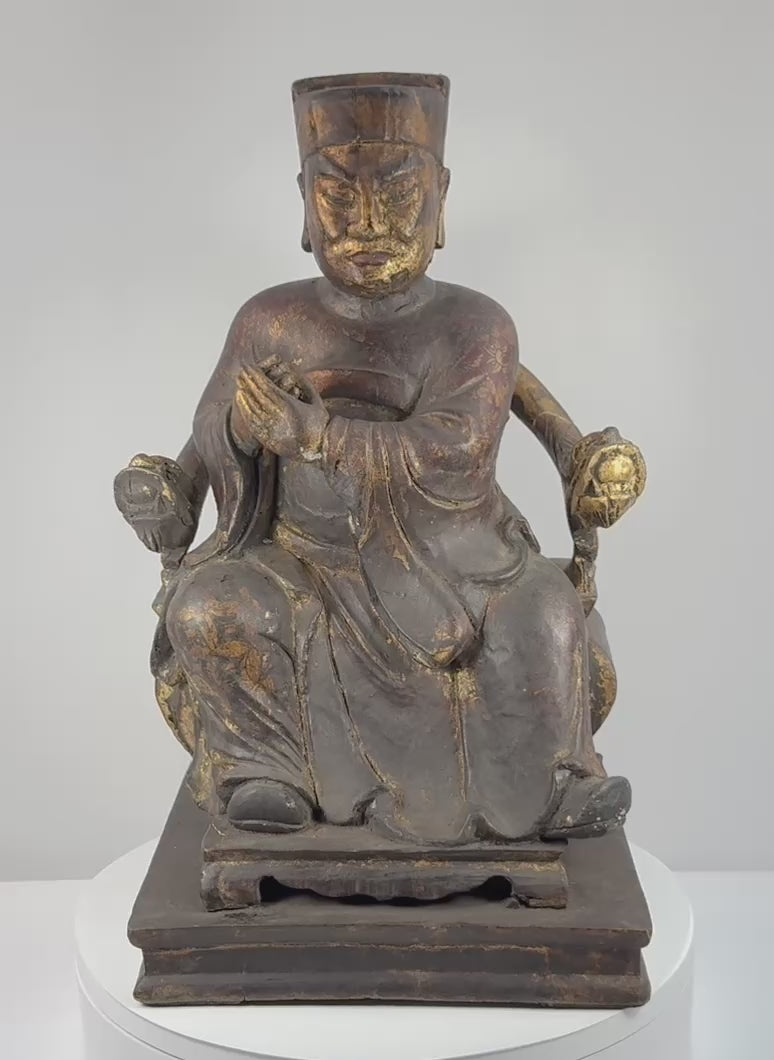 Antique Chinese Qing Dynasty carved wooden ancestor figure rotating to show the seated official, ceremonial throne, gilt robes, carved details, reverse and stepped base