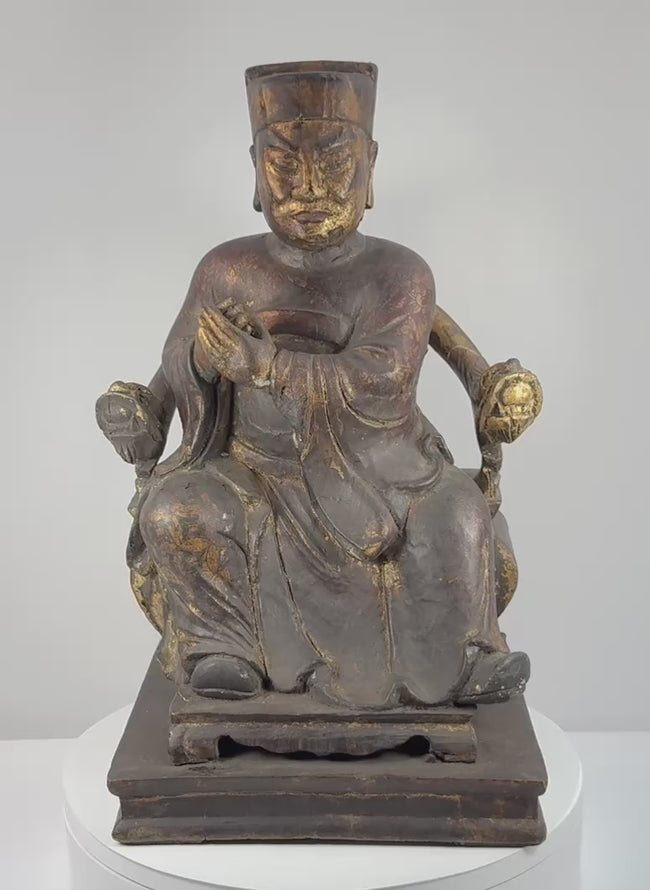 Antique Chinese Qing Dynasty carved wooden ancestor figure rotating to show the seated official, ceremonial throne, gilt robes, carved details, reverse and stepped base