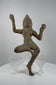 Antique South Asian bronze dancing deity sculpture dating to circa 12th–18th century CE, featuring a graceful dancing posture, serene facial features, an ornate headpiece, flowing ceremonial attire, intricate ornamentation, and naturally aged green patina.
