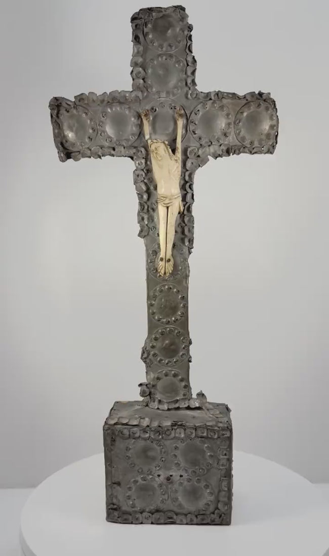Antique Hand-Carved Crucifix with Bone Figure | Circa 18th–19th Century