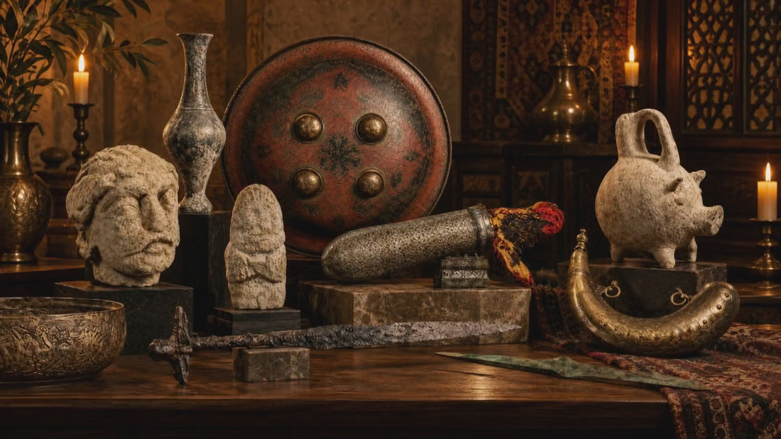 Middle Eastern antiquities including ancient weapons, Indo-Persian shield, Persian armor, stone sculpture and historic vessels from the Relic & Rarity collection.