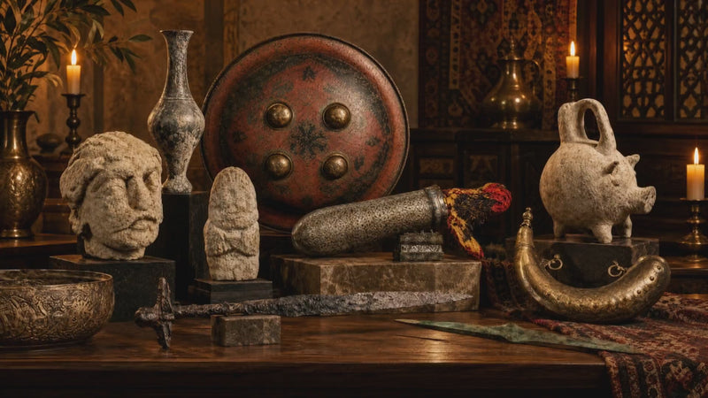 Middle Eastern antiquities including ancient weapons, Indo-Persian shield, Persian armor, stone sculpture and historic vessels from the Relic & Rarity collection.