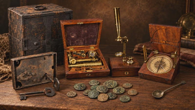 Antique coins, scientific instruments, compass, microscope, historic lock and keys displayed in a collector’s setting from the Relic & Rarity collection.