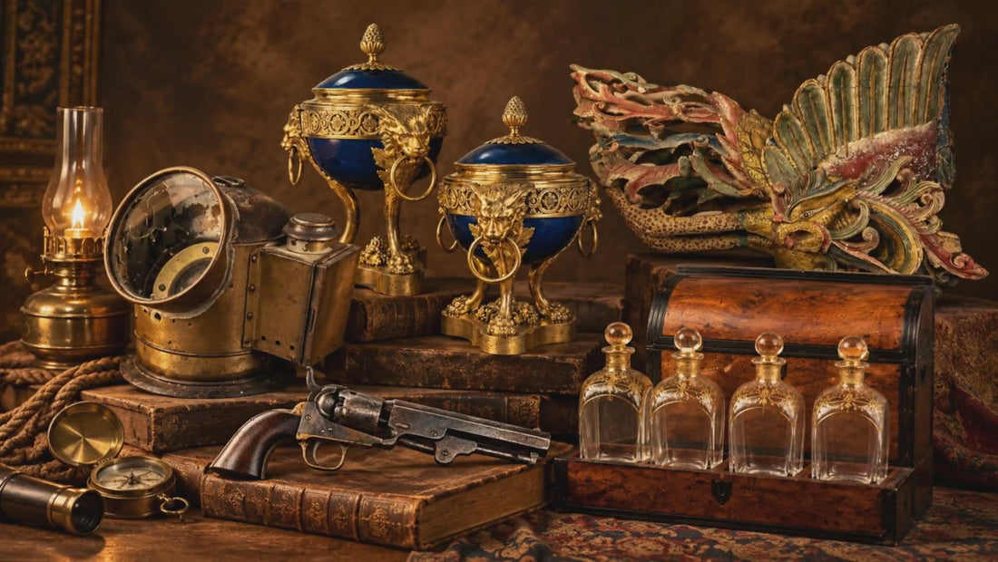 19th century artifacts including gilt bronze vases, Colt revolver, maritime compass, Qing Dynasty carving and Georgian decanter set from the Relic & Rarity collection.