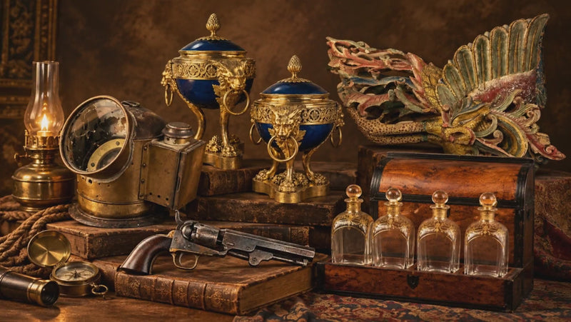 19th century artifacts including gilt bronze vases, Colt revolver, maritime compass, Qing Dynasty carving and Georgian decanter set from the Relic & Rarity collection.