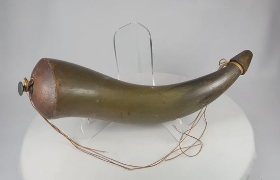 360-degree view of antique horn powder vessel with wooden stopper and aged patina