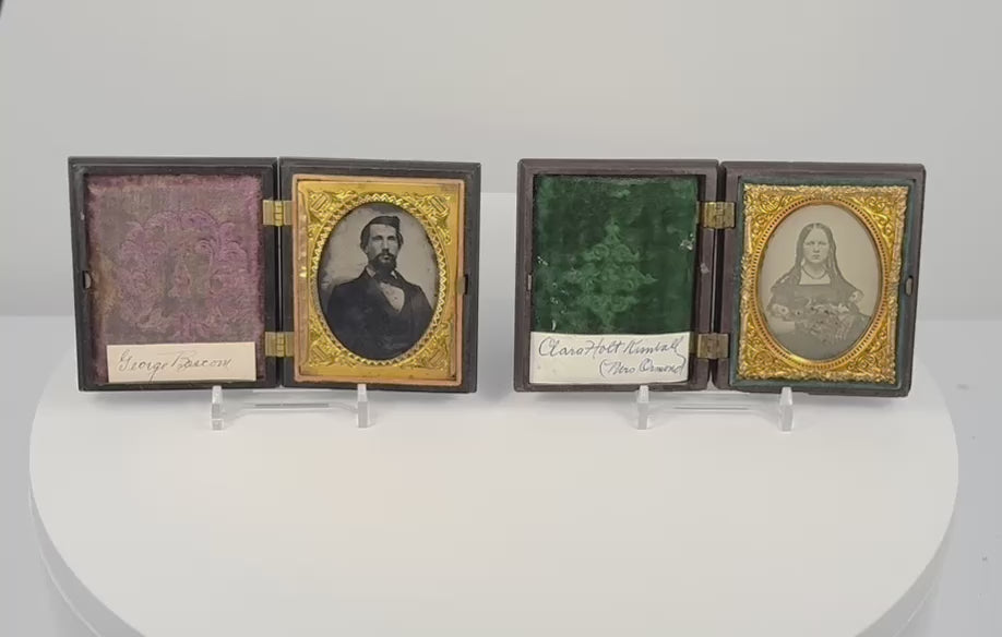 Video showcasing the identified Victorian portraits of George Bascom and Clara Holt Kimball, their handwritten labels, gilt brass mats, velvet interiors, and ornate Union cases