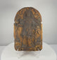 Rotating view of a heavily weathered 19th-century Continental European carved wooden devotional relief depicting an unidentified Christian saint beneath an arched frame