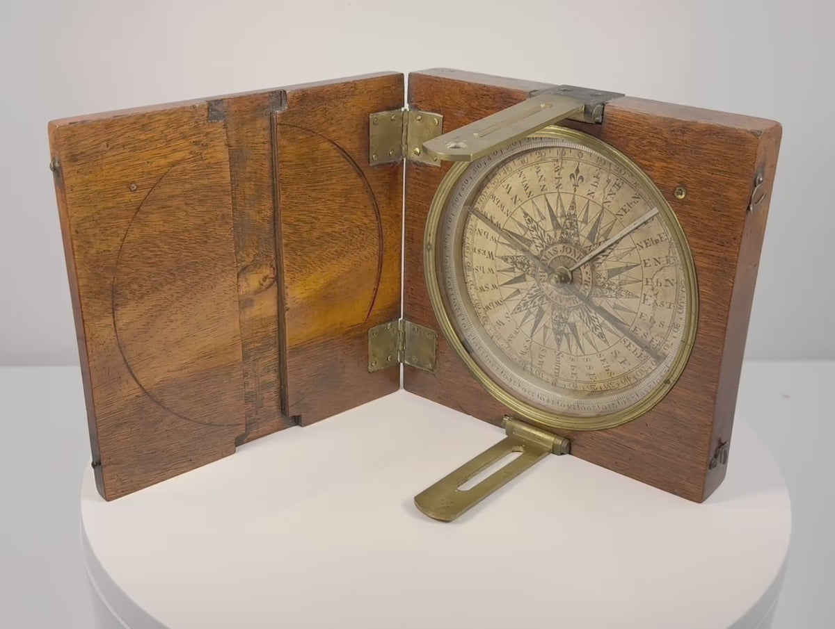 Rotating 360-degree video of a mid-19th-century Thomas Jones Liverpool alidade compass, showing the open walnut case, silvered degree ring, magnetic needle, brass sighting arms, fittings, and exterior case.