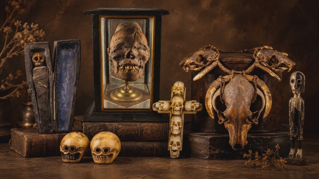 Curiosities and oddities including mummified remains, memento mori objects, skull carvings, ritual beads, animal skulls and unusual ethnographic artifacts from the Relic & Rarity collection.