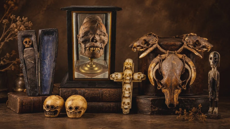 Curiosities and oddities including mummified remains, memento mori objects, skull carvings, ritual beads, animal skulls and unusual ethnographic artifacts from the Relic & Rarity collection.