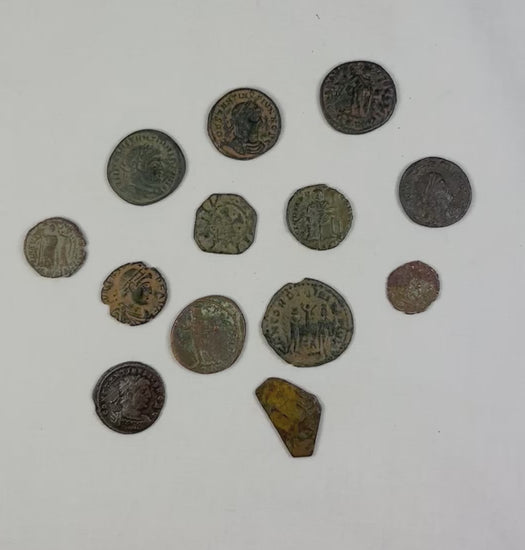 360-degree video of Ancient Roman coins rotating to show reverse imagery, deities, and symbols