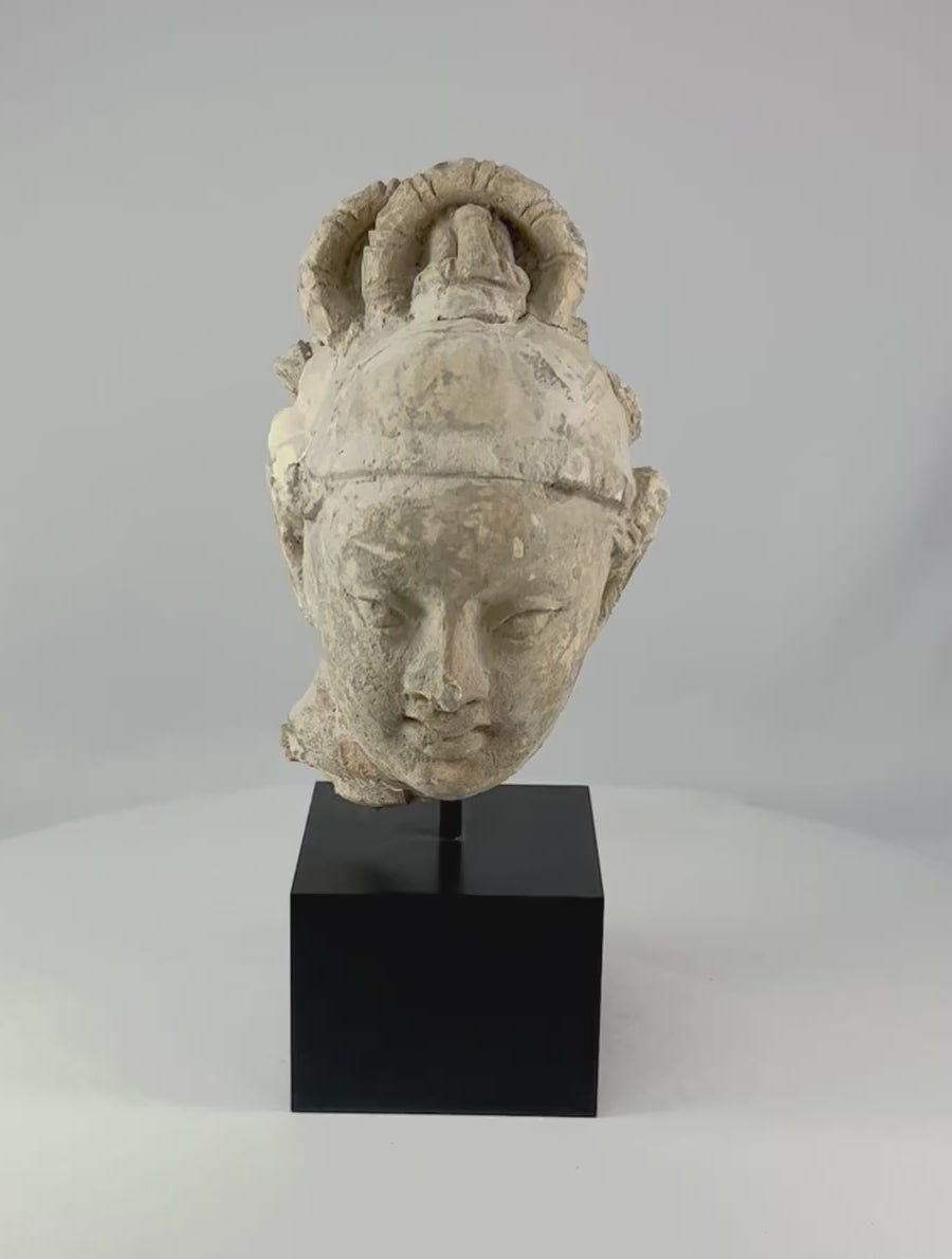 Ancient Gandhara stone Buddha head fragment from 1st–5th century AD, showing serene facial expression, Greco-Roman influence, and mounted on a black display stand.