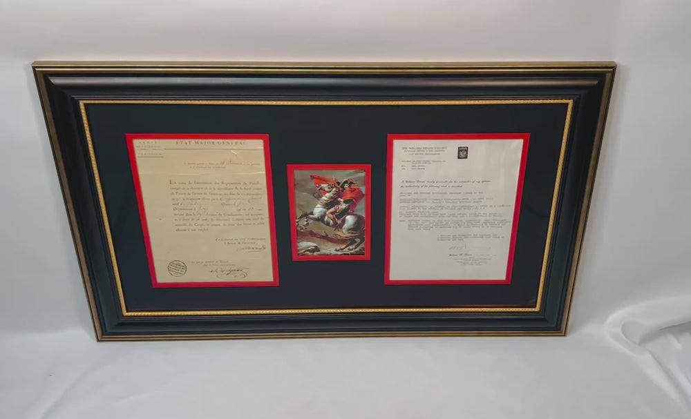 Video showcasing a rare 1795 signed letter by Napoleon Bonaparte, featuring his early “Buonaparte” signature and official correspondence, elegantly framed with historical artwork for museum-quality display.