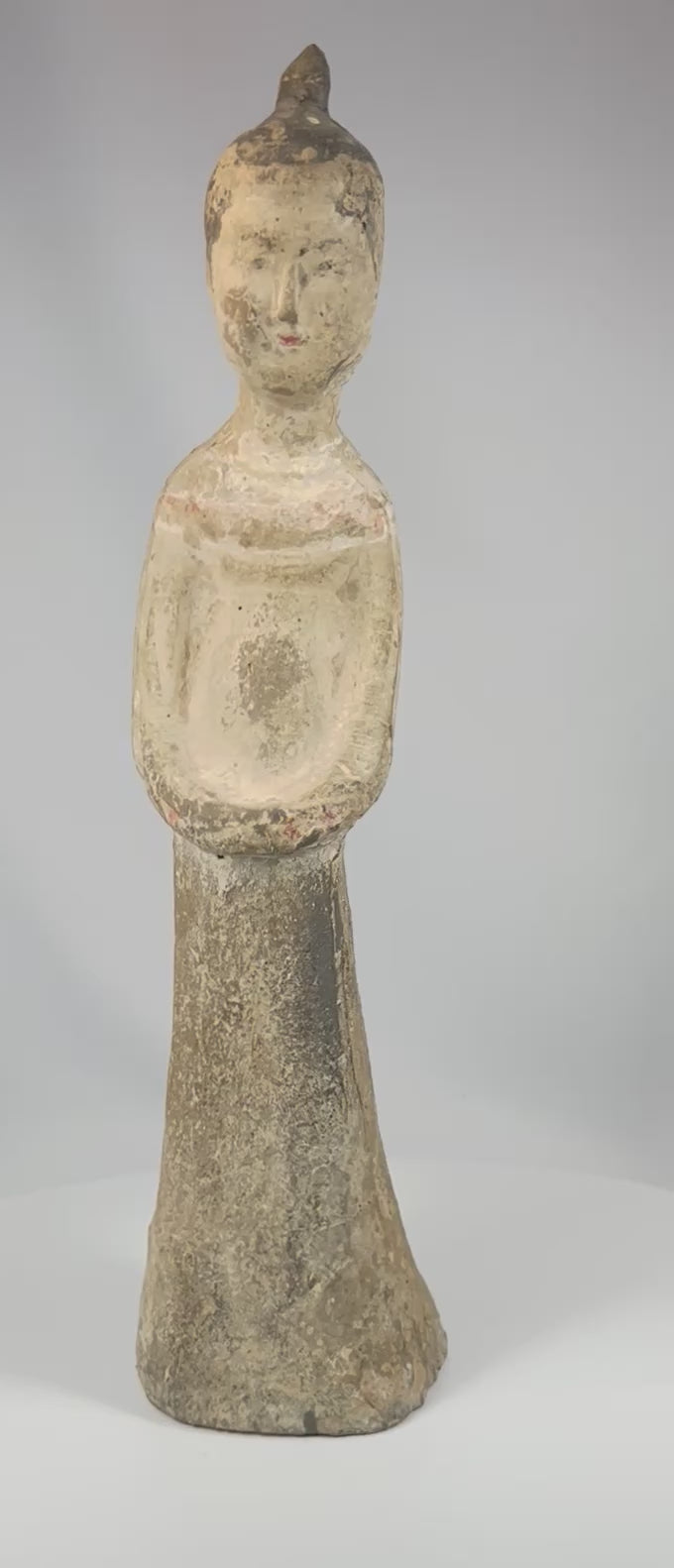 Chinese Tang style pottery attendant figure 360-degree rotating view showing full sculptural form and surface details