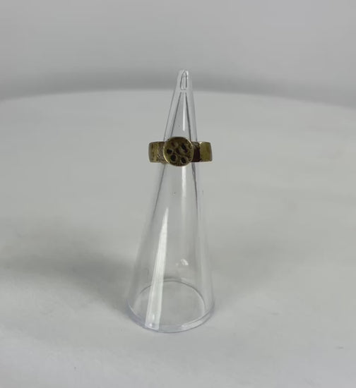 360° rotation video of ancient Roman bronze ring with rosette bezel, illustrating band shape, patina, and bezel detailing.