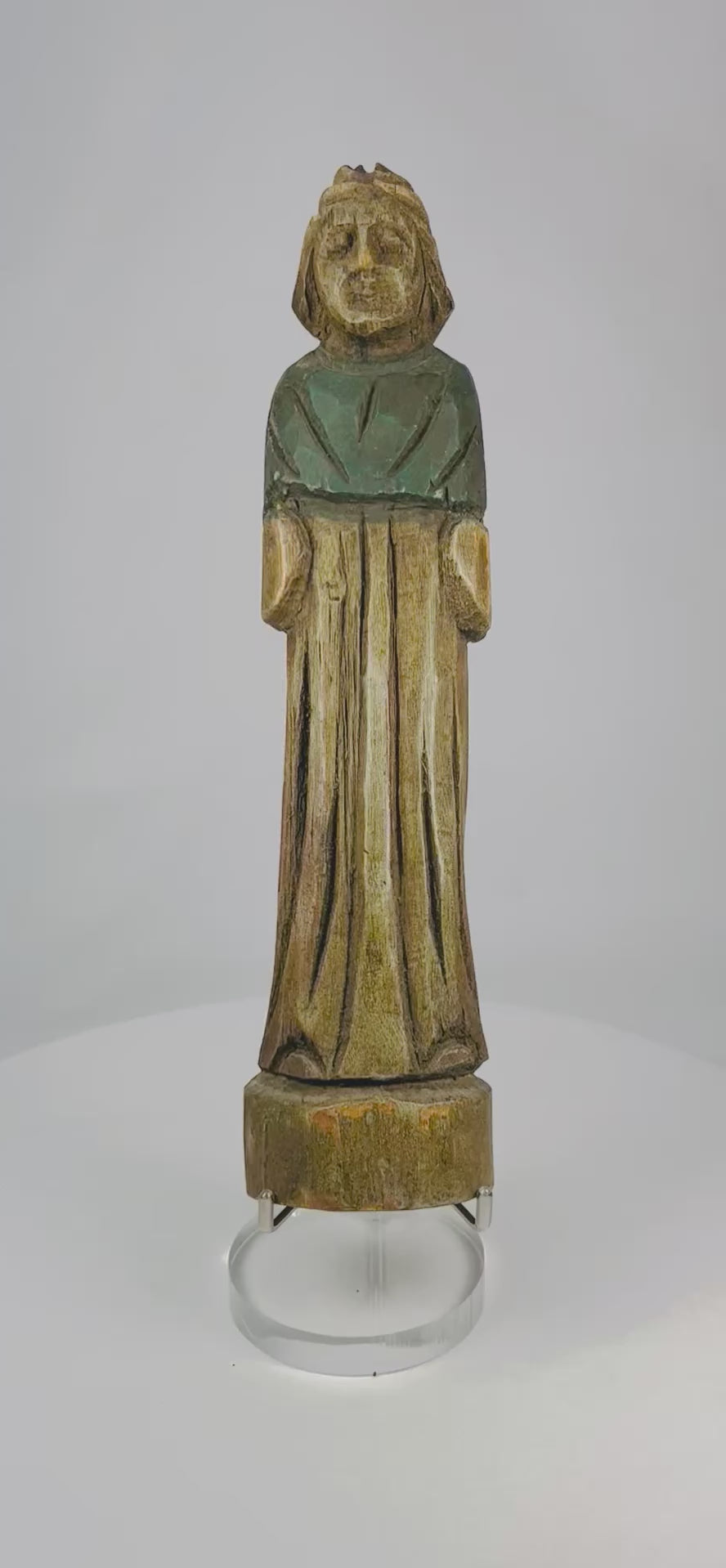 Antique European folk art figurine, 18th–19th century, hand-carved wood with painted surface, depicting a robed figure.