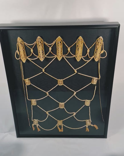 Rare 19th-century Himalayan Tibetan Tantric ritual apron (rus gyan) made of human and animal bones, featuring six elliptical plaques depicting Chakrasamvara deities, crisscrossed bone bead lattice, cotton backing, and natural pigments, ceremonial and devotional garment