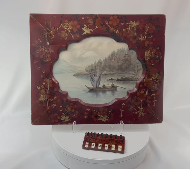 360° rotating view of Japanese lacquer framed painting with Mount Fuji scene and Shibayama style whist counter