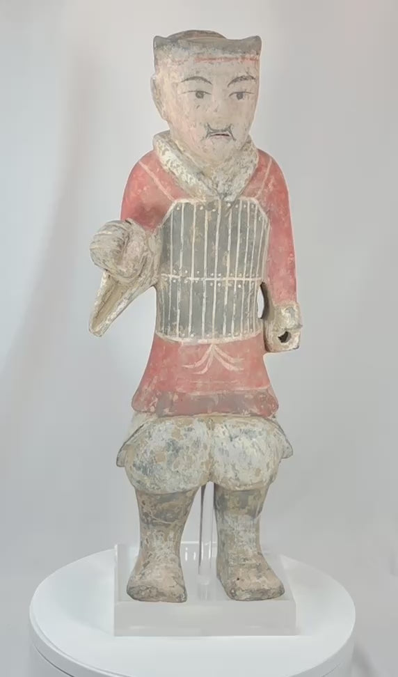 360° rotating view of Han Dynasty terracotta soldier figure with painted surface and burial encrustation