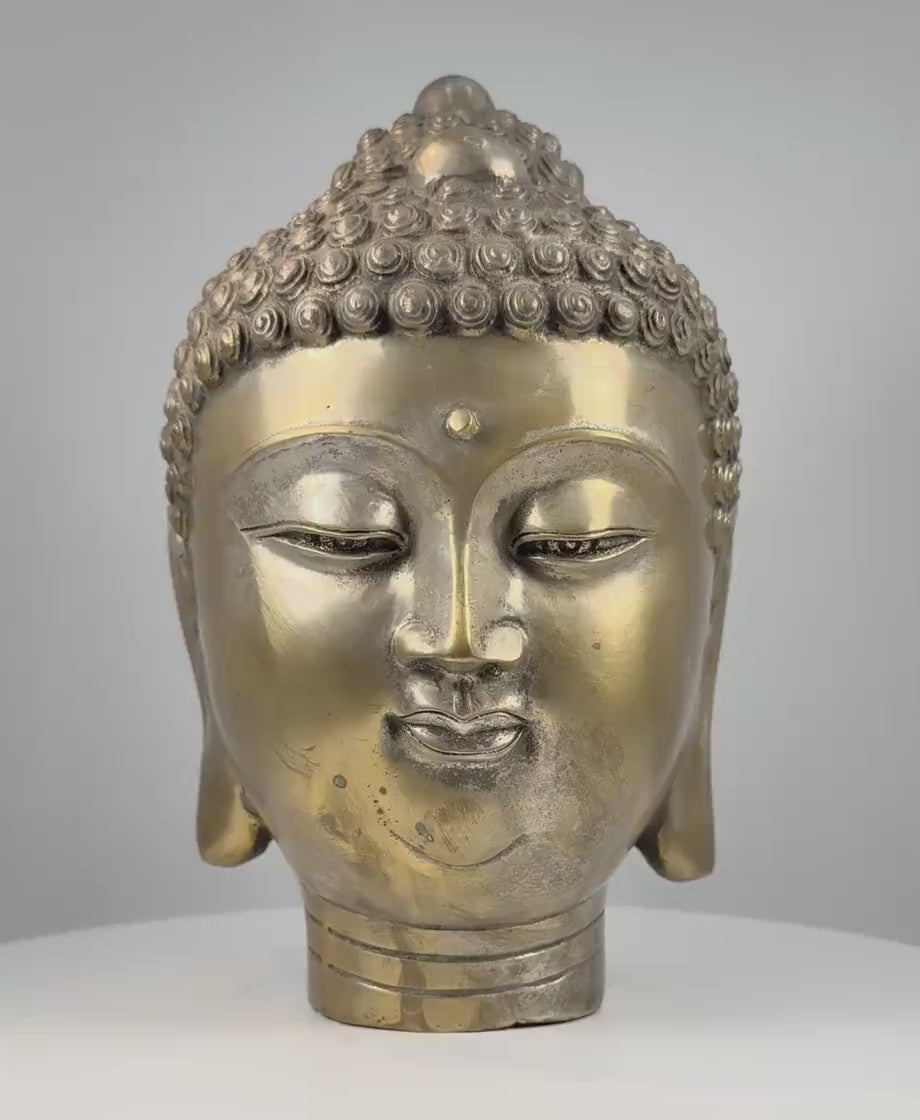 360-degree rotating view of a vintage cast bronze Buddha head, circa 1950–1990, featuring a golden patinated finish, intricate spiral curls, raised ushnisha, elongated earlobes, serene facial expression, and decorative banded neck. The video highlights detailed craftsmanship, surface oxidation, and signs of age from multiple angles.