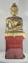 Rotating view of an antique Burmese Shan (Tai Yai) seated Buddha sculpture in Bhumisparsha Mudra, highlighting its carved hardwood construction, surviving gilding, lacquered red plinth, devotional wear, and prominent ushnisha finial.