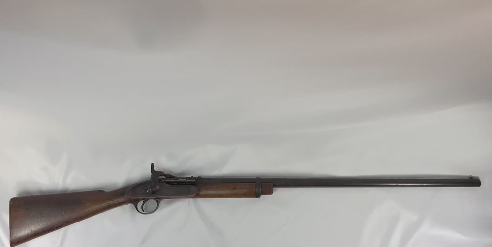 360° video of a Victorian-Era Enfield Snider Conversion rifle, showing full length, stock, lock mechanism, and barrel details on a white backdrop.