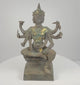 360-degree video of an antique Thai Phra Phrom bronze statue showing its four faces, eight arms, ritual attributes, gold leaf, aged patina, pedestal, and inscribed underside