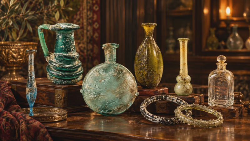 Ancient Roman glass artifacts, vessels, perfume bottles, flasks and bracelets from the Relic & Rarity antiquities collection.